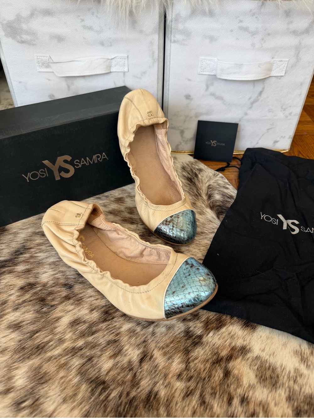 Yosi Samra Nude Leather Ballet Flats with Metallic Blue Snakeskin Toe